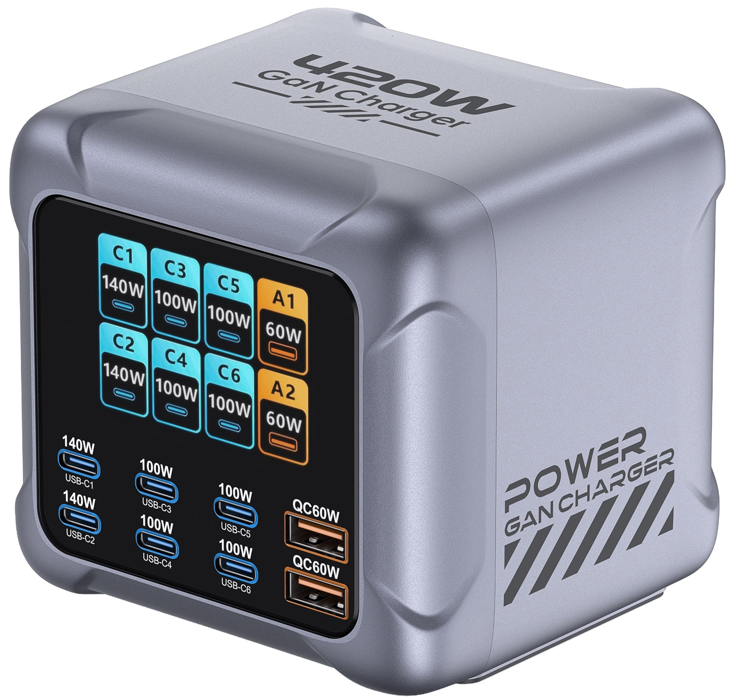 Polnilnik postaje OEM BK-126D, 140W, 5A, 2 x USB-A - 6 x USB-C, Siva