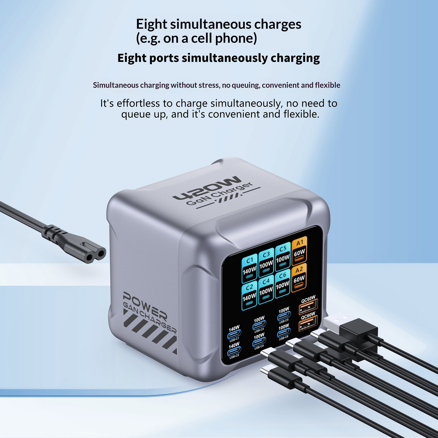 Polnilnik postaje OEM BK-126D, 140W, 5A, 2 x USB-A - 6 x USB-C, Siva
