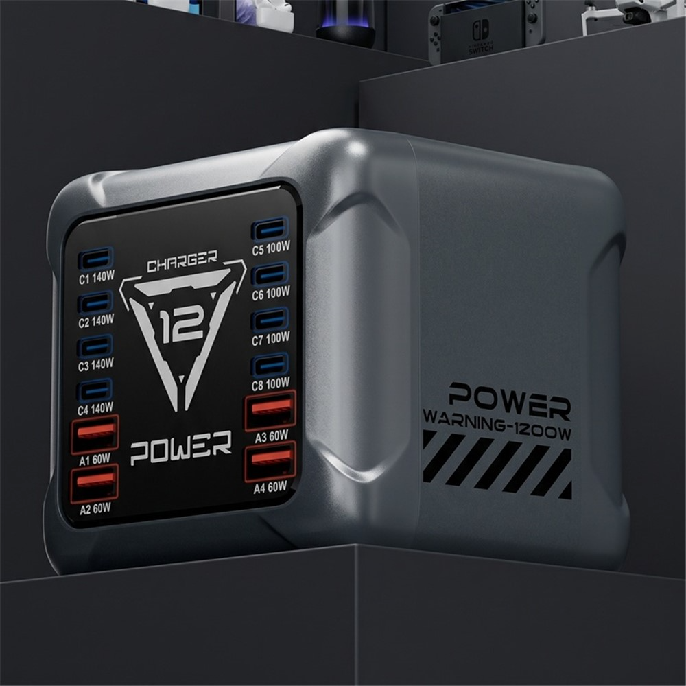 Polnilna postaja OEM BK-127D, 280W, 5A, 4 x USB-A - 8 x USB-C, Siva