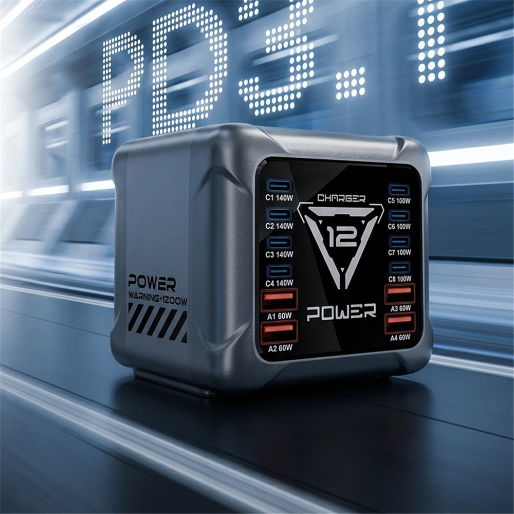Polnilna postaja OEM BK-127D, 280W, 5A, 4 x USB-A - 8 x USB-C, Siva