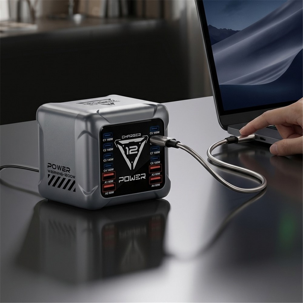 Polnilna postaja OEM BK-127D, 280W, 5A, 4 x USB-A - 8 x USB-C, Siva