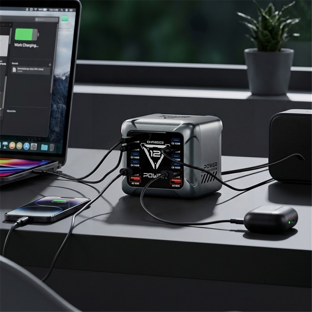 Polnilna postaja OEM BK-127D, 280W, 5A, 4 x USB-A - 8 x USB-C, Siva