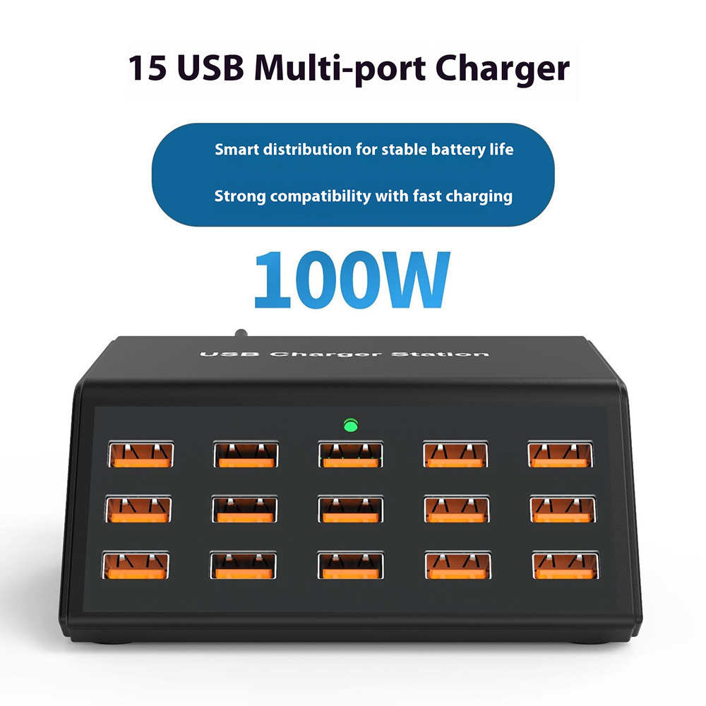 Polnilna postaja OEM HW15, 100W, 2A, 15 x USB-A, Črna