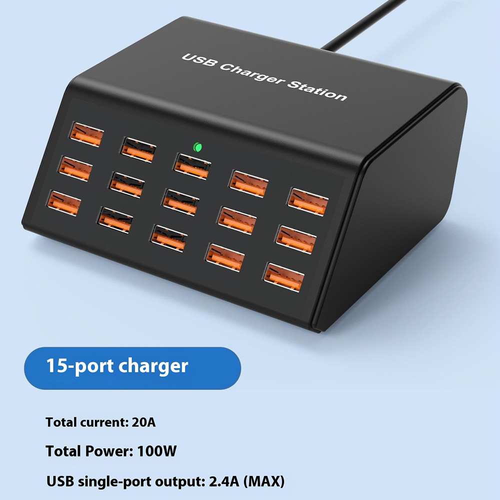 Polnilna postaja OEM HW15, 100W, 2A, 15 x USB-A, Črna