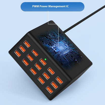 Polnilna postaja OEM HW15, 100W, 2A, 15 x USB-A, Črna