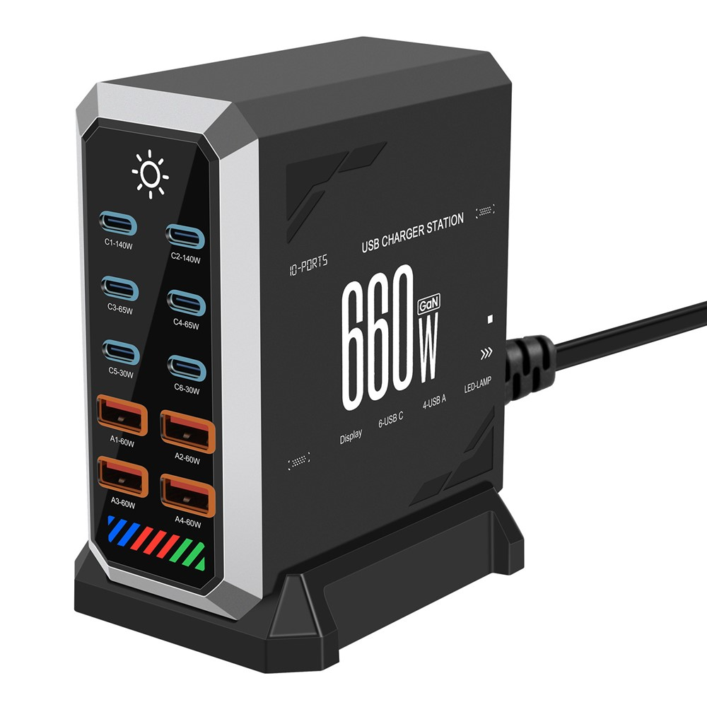 Polnilna postaja OEM HW18, 660W, 5A, 4 x USB-A - 6 x USB-C, Črna
