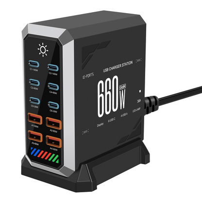 Polnilna postaja OEM HW18, 660W, 5A, 4 x USB-A - 6 x USB-C, Črna