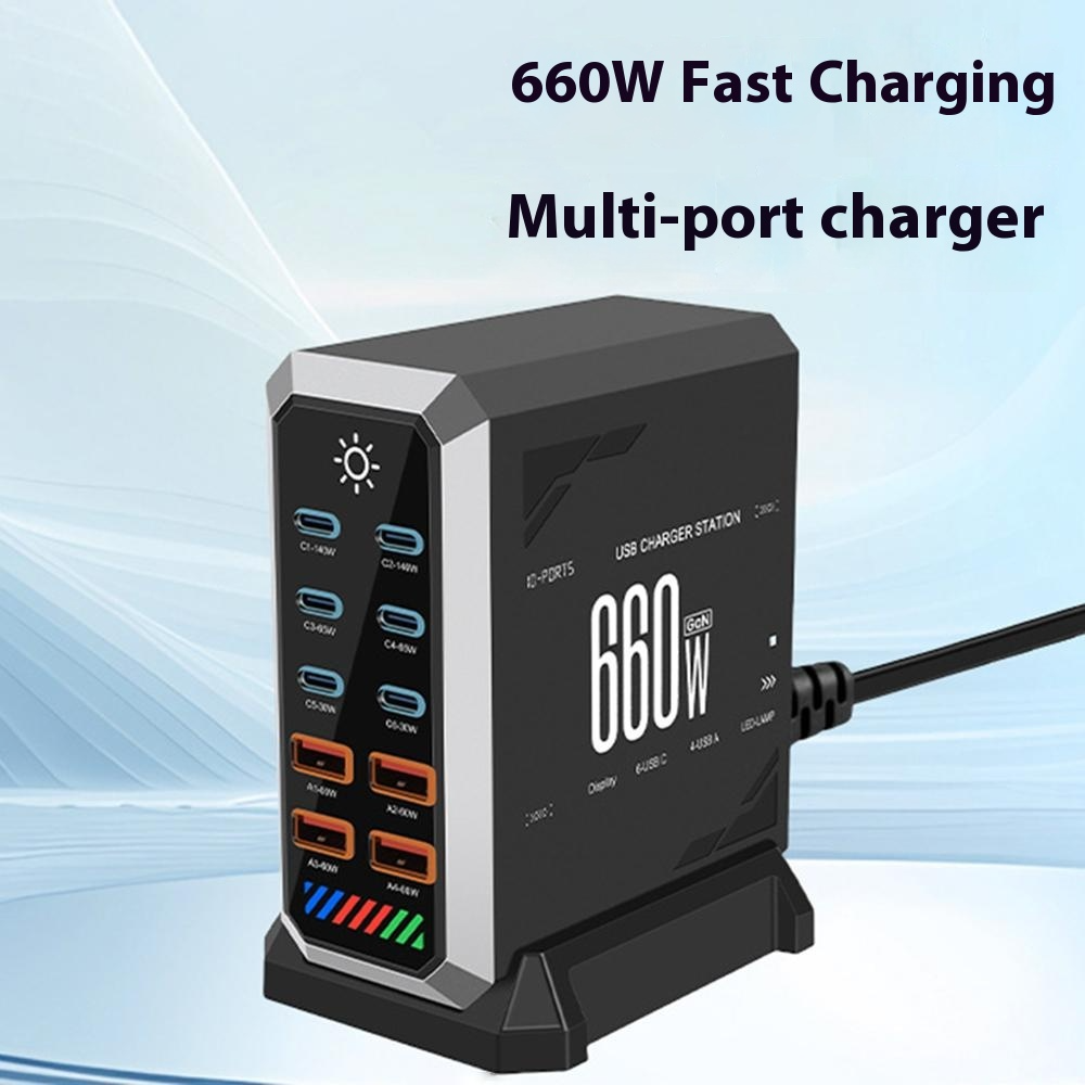 Polnilna postaja OEM HW18, 660W, 5A, 4 x USB-A - 6 x USB-C, Črna