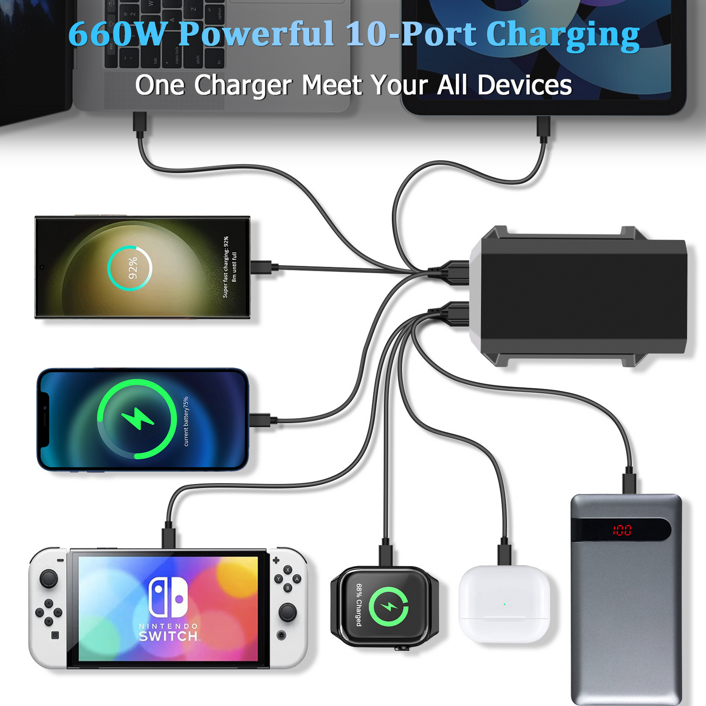 Polnilna postaja OEM HW18, 660W, 5A, 4 x USB-A - 6 x USB-C, Črna