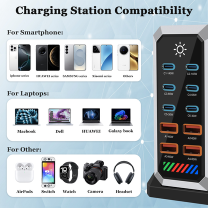 Polnilna postaja OEM HW18, 660W, 5A, 4 x USB-A - 6 x USB-C, Črna