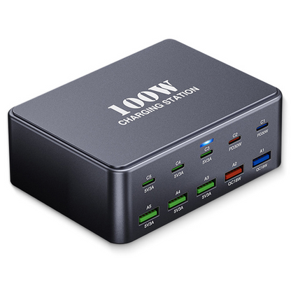Polnilna postaja OEM HW33, 100W, 3A, 5 x USB-A - 5 x USB-C, Siva