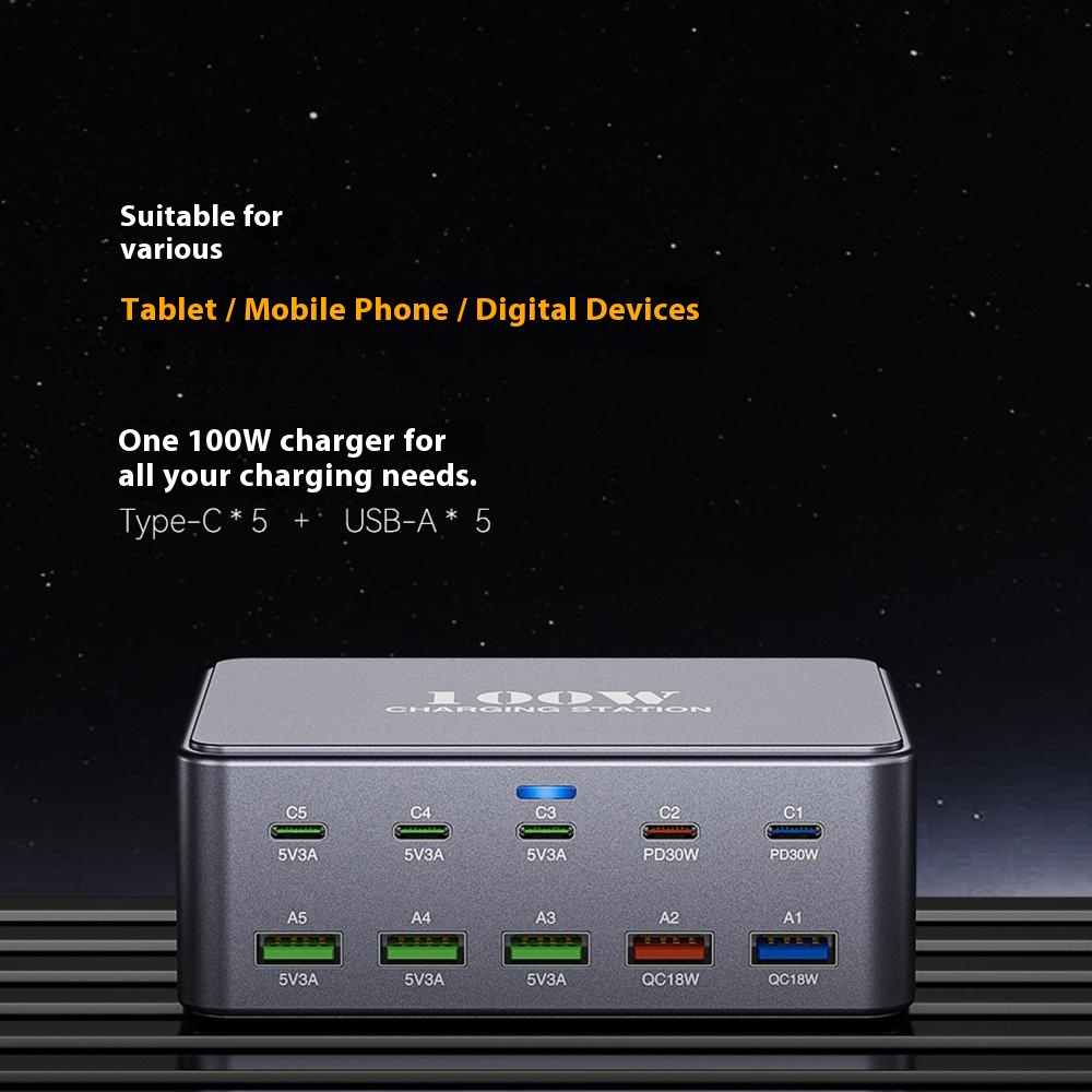 Polnilna postaja OEM HW33, 100W, 3A, 5 x USB-A - 5 x USB-C, Siva