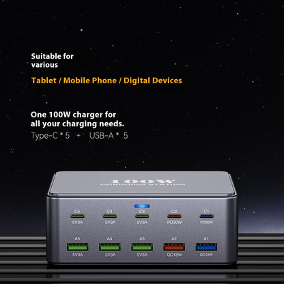 Polnilna postaja OEM HW33, 100W, 3A, 5 x USB-A - 5 x USB-C, Siva