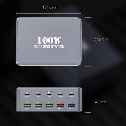 Polnilna postaja OEM HW33, 100W, 3A, 5 x USB-A - 5 x USB-C, Siva