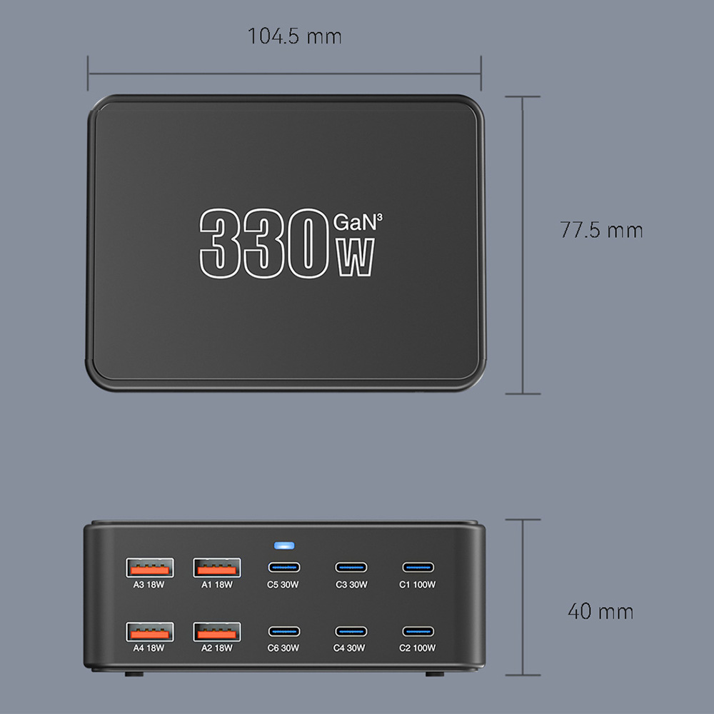 Polnilnik postaje OEM HW66, 330W, 5A, 4 x USB-A - 6 x USB-C, Črn