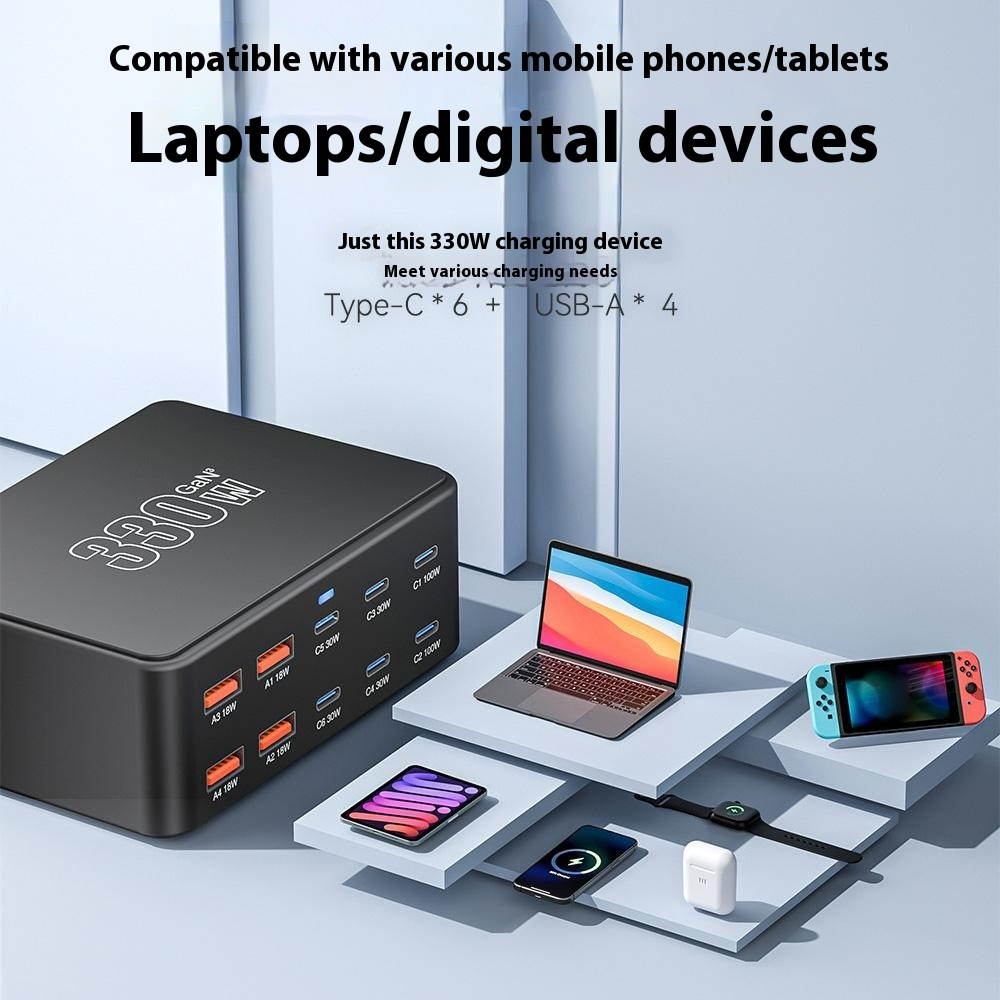 Polnilnik postaje OEM HW66, 330W, 5A, 4 x USB-A - 6 x USB-C, Črn