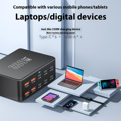 Polnilnik postaje OEM HW66, 330W, 5A, 4 x USB-A - 6 x USB-C, Črn