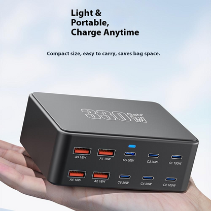 Polnilnik postaje OEM HW66, 330W, 5A, 4 x USB-A - 6 x USB-C, Črn