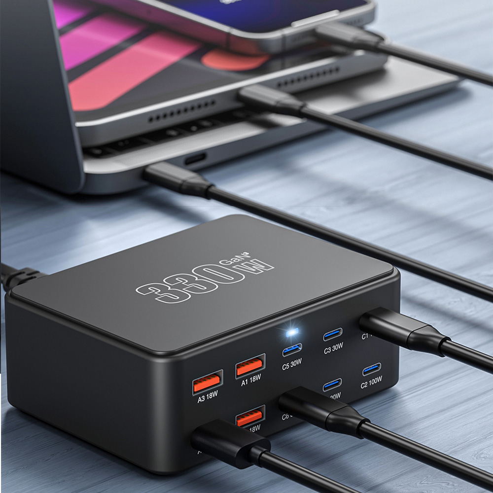 Polnilnik postaje OEM HW66, 330W, 5A, 4 x USB-A - 6 x USB-C, Črn