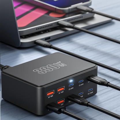 Polnilnik postaje OEM HW66, 330W, 5A, 4 x USB-A - 6 x USB-C, Črn