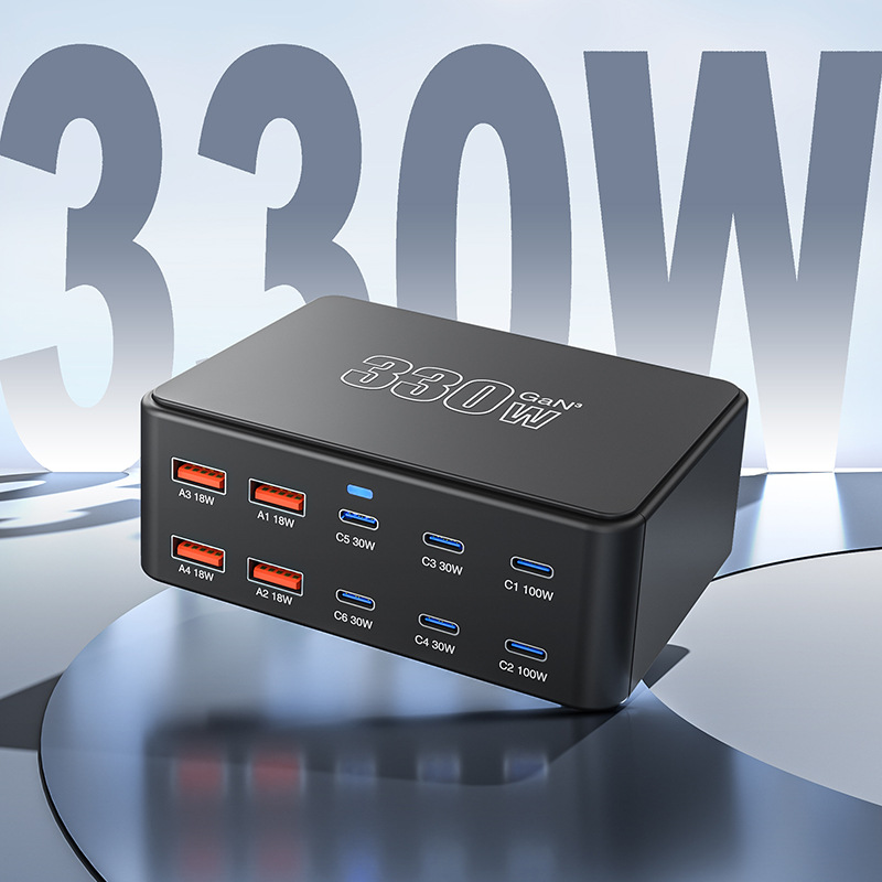 Polnilnik postaje OEM HW66, 330W, 5A, 4 x USB-A - 6 x USB-C, Črn