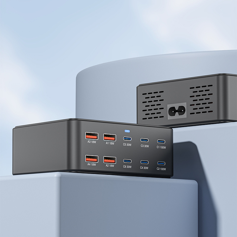 Polnilnik postaje OEM HW66, 330W, 5A, 4 x USB-A - 6 x USB-C, Črn