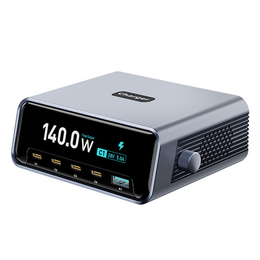 Polnilnik postaje OEM WLX-60G, 140W, 5A, 1 x USB-A - 4 x USB-C, Siva