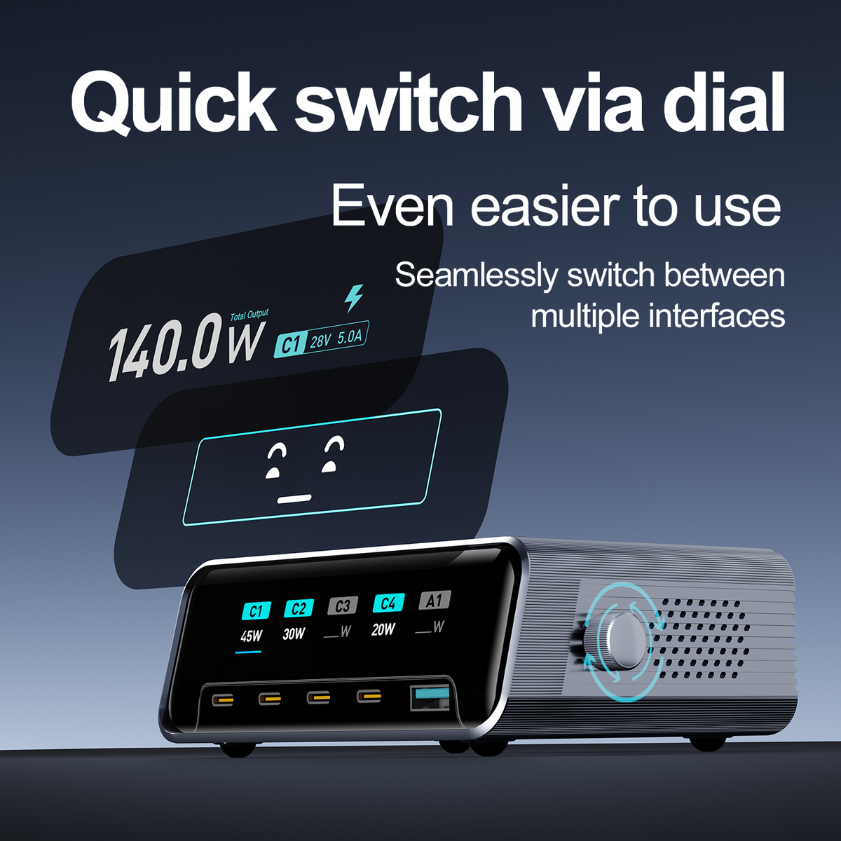Polnilnik postaje OEM WLX-60G, 140W, 5A, 1 x USB-A - 4 x USB-C, Siva