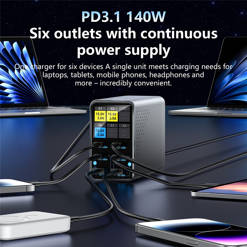 Polnilna postaja OEM WLX-G3, 140W, 5A, 2 x USB-A - 4 x USB-C, Siva