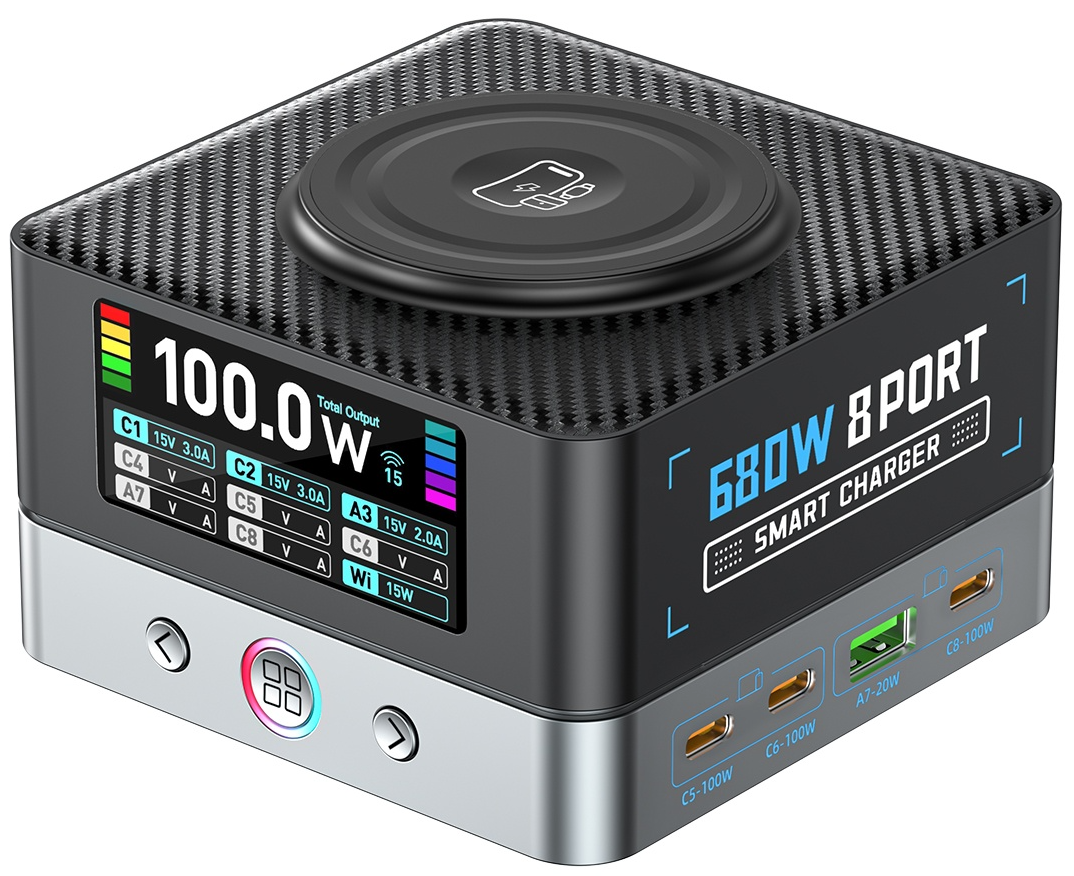 Polnilec postaje OEM WLX-R8A QI, 140W, 5A, 2 x USB-A - 6 x USB-C, Siva