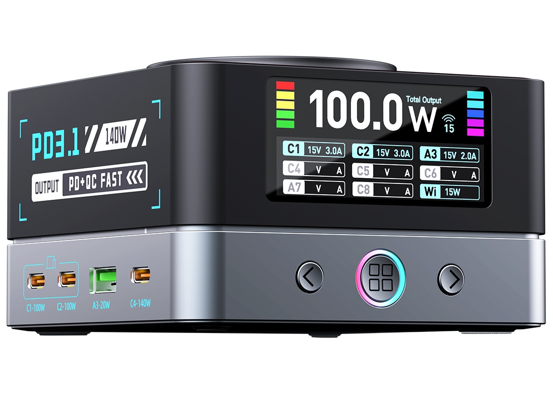 Polnilec postaje OEM WLX-R8A QI, 140W, 5A, 2 x USB-A - 6 x USB-C, Siva