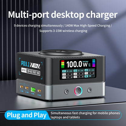 Polnilec postaje OEM WLX-R8A QI, 140W, 5A, 2 x USB-A - 6 x USB-C, Siva