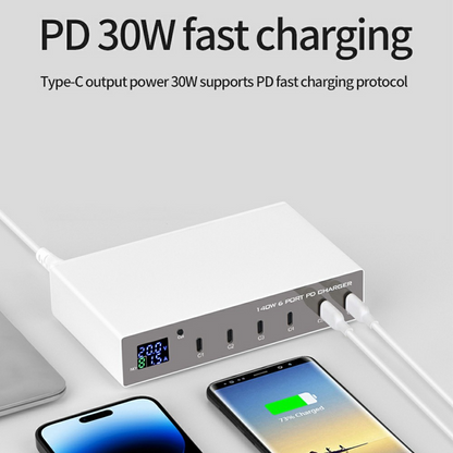 Polnilnik postaje OEM WLX-X6P, 140W, 3A, 6 x USB-C, Srebrn