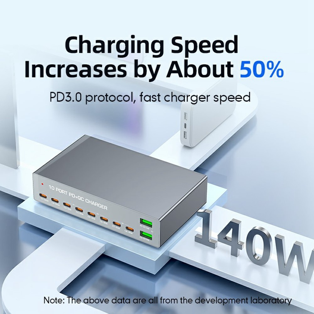 Polnilnik postaje OEM WLX-X6Y, 140W, 5A, 2 x USB-A - 8 x USB-C, Srebrn