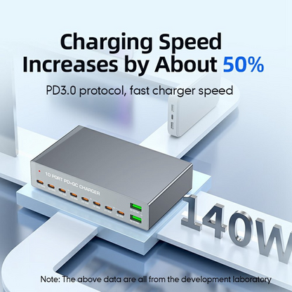 Polnilnik postaje OEM WLX-X6Y, 140W, 5A, 2 x USB-A - 8 x USB-C, Srebrn
