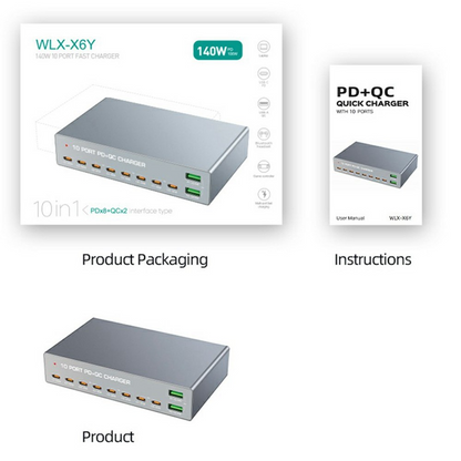 Polnilnik postaje OEM WLX-X6Y, 140W, 5A, 2 x USB-A - 8 x USB-C, Srebrn