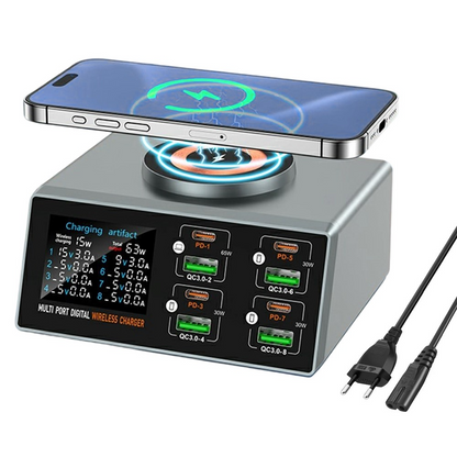 Polnilna postaja OEM WLX-X9S QI, 140W, 3A, 4 x USB-A - 4 x USB-C, Srebrna