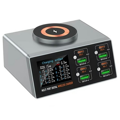 Polnilna postaja OEM WLX-X9S QI, 140W, 3A, 4 x USB-A - 4 x USB-C, Srebrna