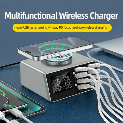 Polnilna postaja OEM WLX-X9S QI, 140W, 3A, 4 x USB-A - 4 x USB-C, Srebrna