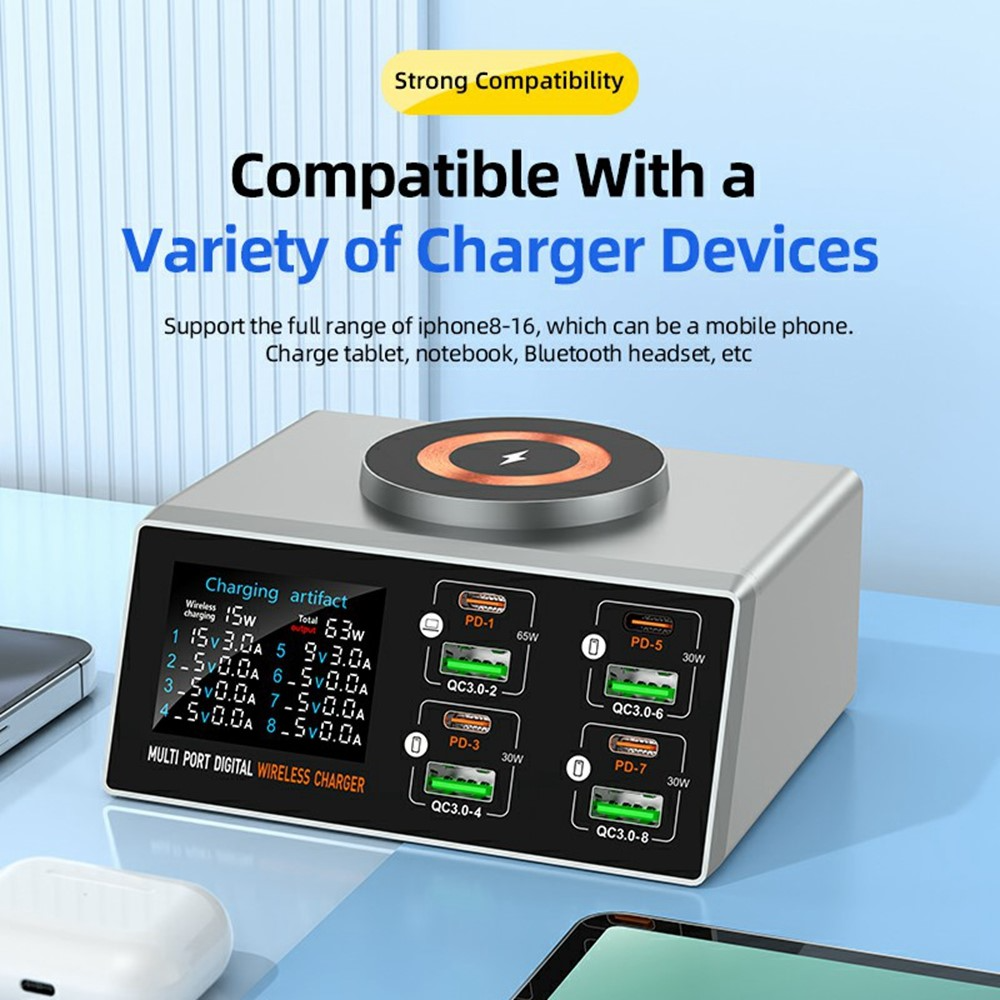 Polnilna postaja OEM WLX-X9S QI, 140W, 3A, 4 x USB-A - 4 x USB-C, Srebrna