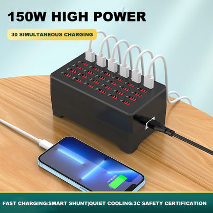 Polnilna postaja OEM WT-268, 150W, 2.4A, 30 x USB-A, Črna