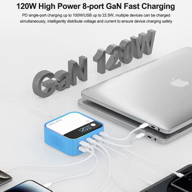 Polnilna postaja Relife Q2, 120W, 5A, 4 x USB-A - 4 x USB-C, Modra