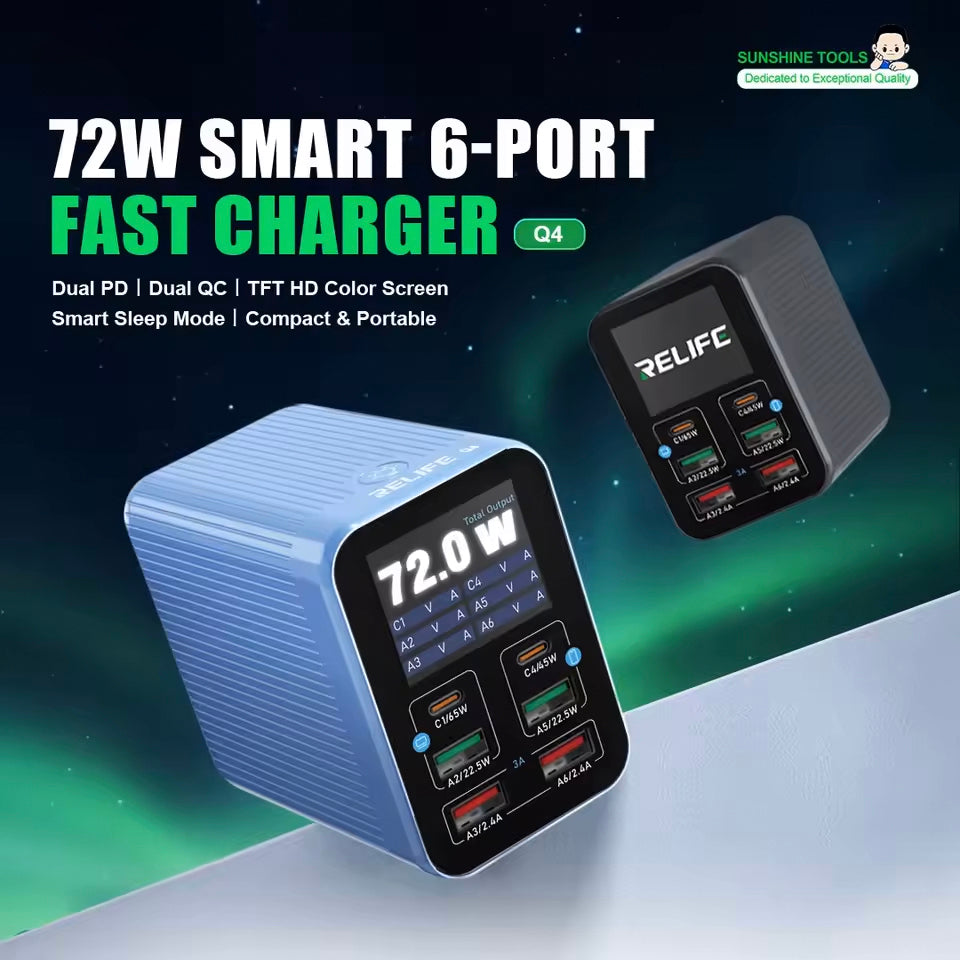 Polnilna postaja Relife Q4, 72W, 5A, 2 x USB-C - 4 x USB-A, Modra