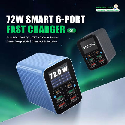 Polnilna postaja Relife Q4, 72W, 5A, 2 x USB-C - 4 x USB-A, Modra