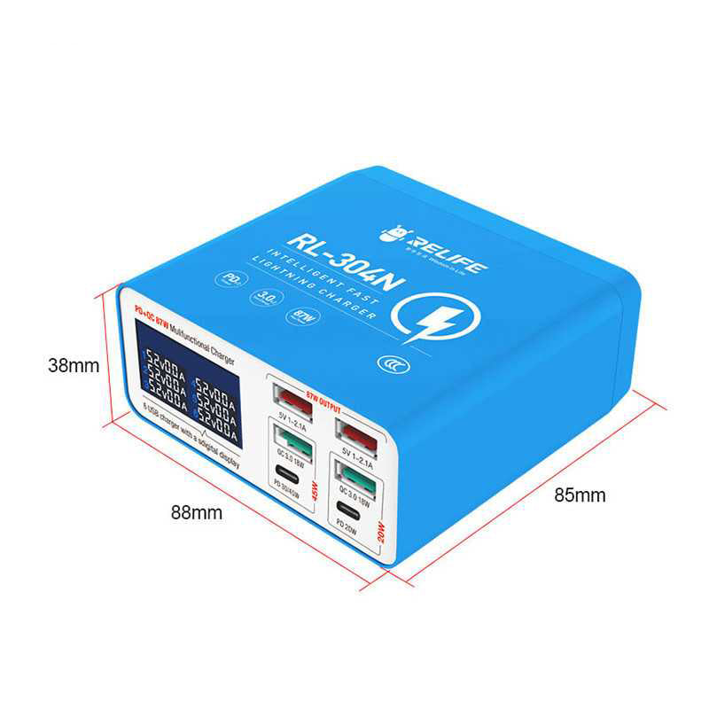 Polnilna postaja Relife RL-304N, 87W, 3A, 2 x USB-C - 4 x USB-A, Modra