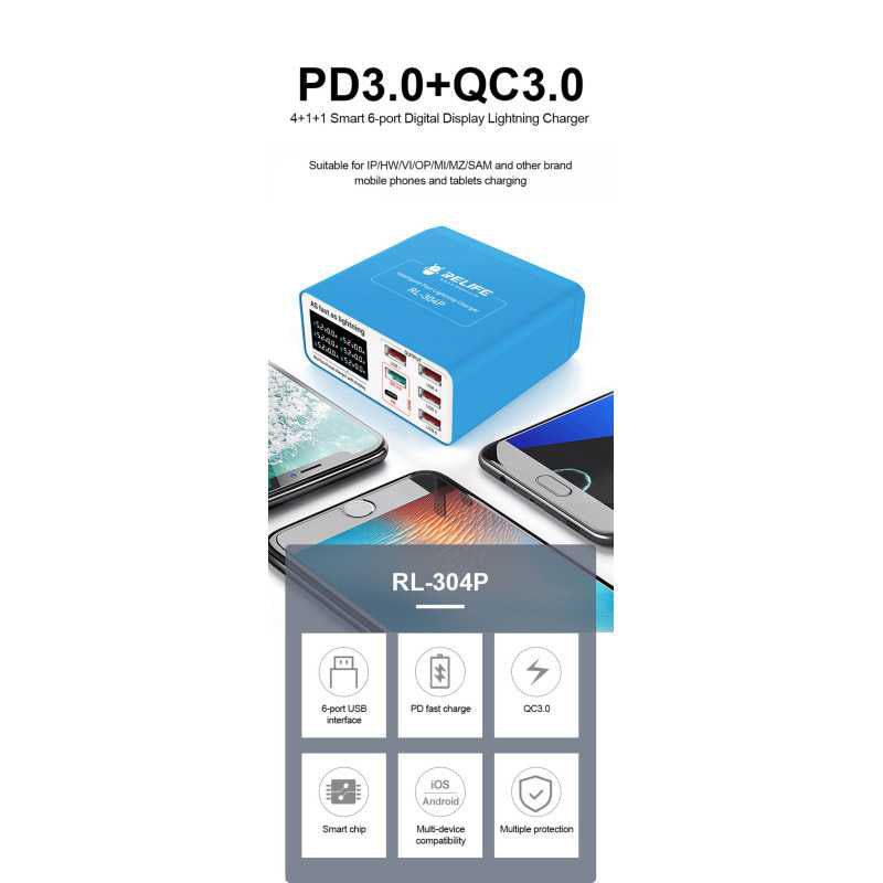 Polnilna postaja Relife RL-304P, 40W, 3A, 1 x USB-C - 5 x USB-A, Modra