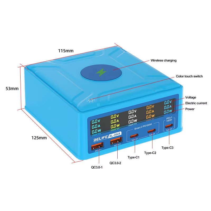 Polnilna postaja Relife RL-304R QI, 260W, 3A, 2 x USB-A - 3 x USB-C, Modra