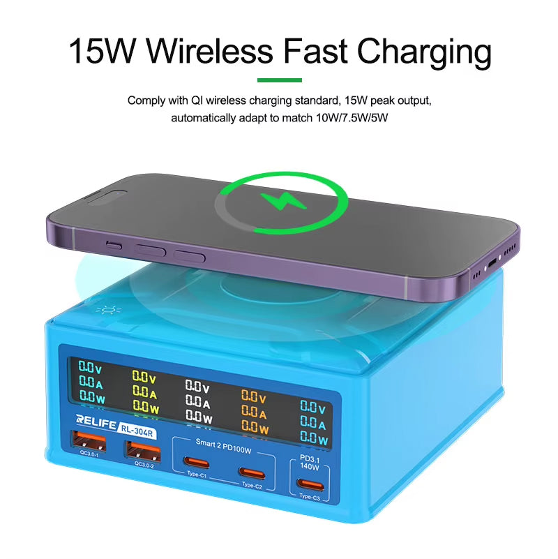 Polnilna postaja Relife RL-304R QI, 260W, 3A, 2 x USB-A - 3 x USB-C, Modra
