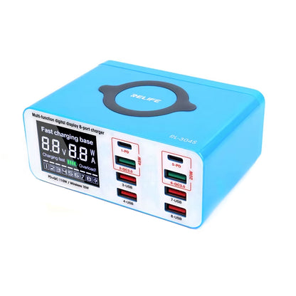 Polnilna postaja Relife RL-304S QI, 110W, 3A, 2 x USB-C - 6 x USB-A, Modra