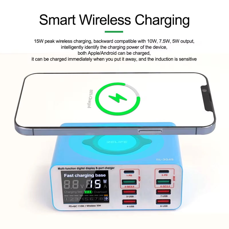 Polnilna postaja Relife RL-304S QI, 110W, 3A, 2 x USB-C - 6 x USB-A, Modra